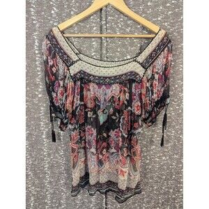 Vintage Ice‎ Floral Silky Sheer Short Sleeve Blouse Women's S/M